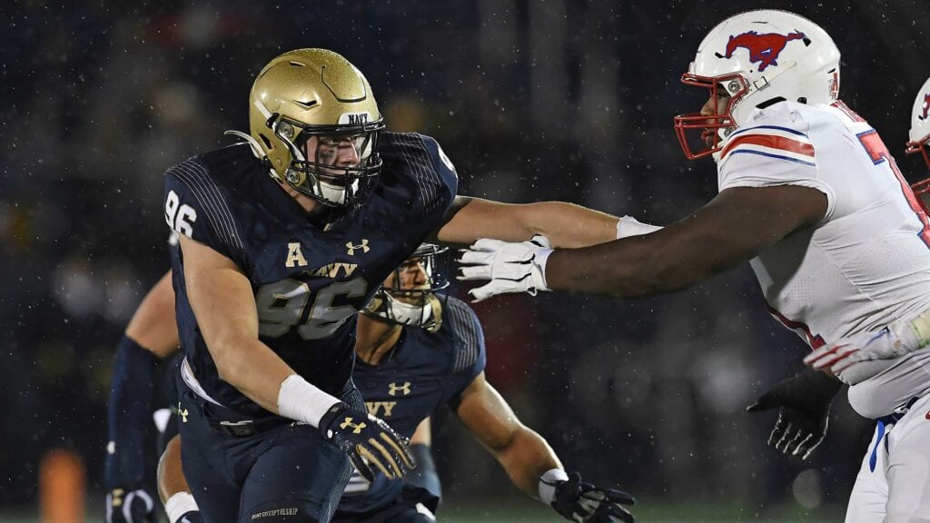 Standout Jackson Perkins anchors the Navy defense at the tackle position.